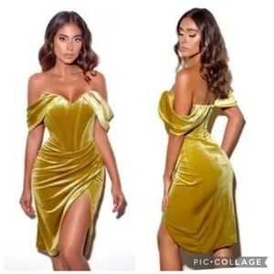 Miss Circle Off-Shoulder Gold Velvet Corset Tulip Hem Dress Size Large